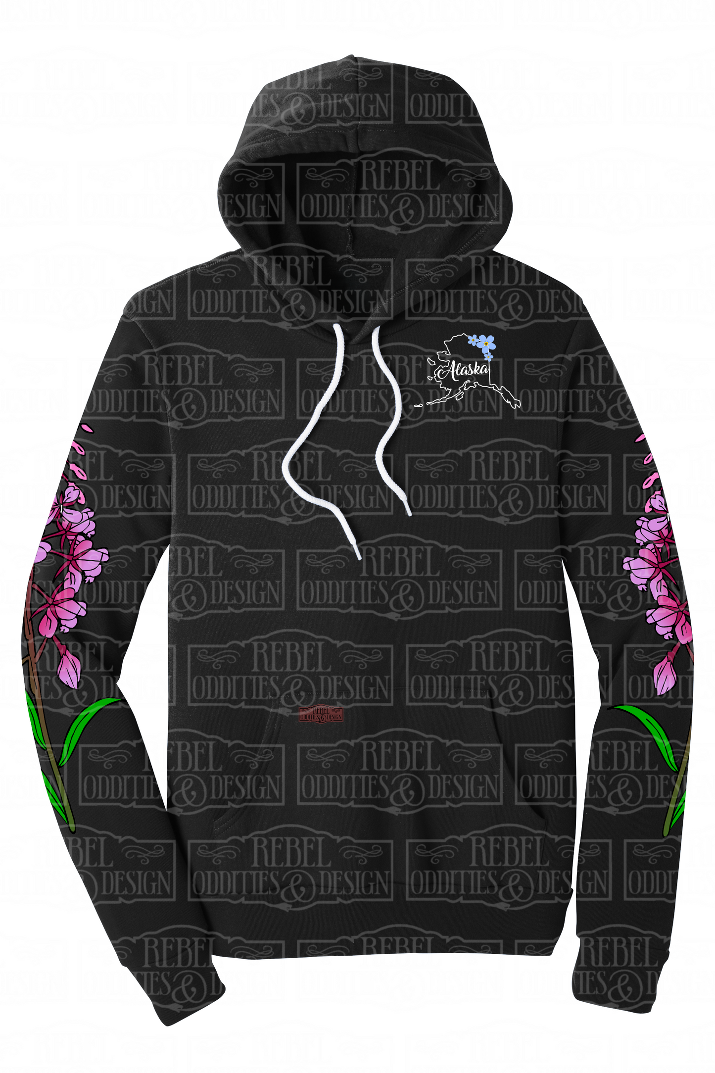 Black hoodie with Fireweed designs on sleeves and Alaska logo on chest against a white background.