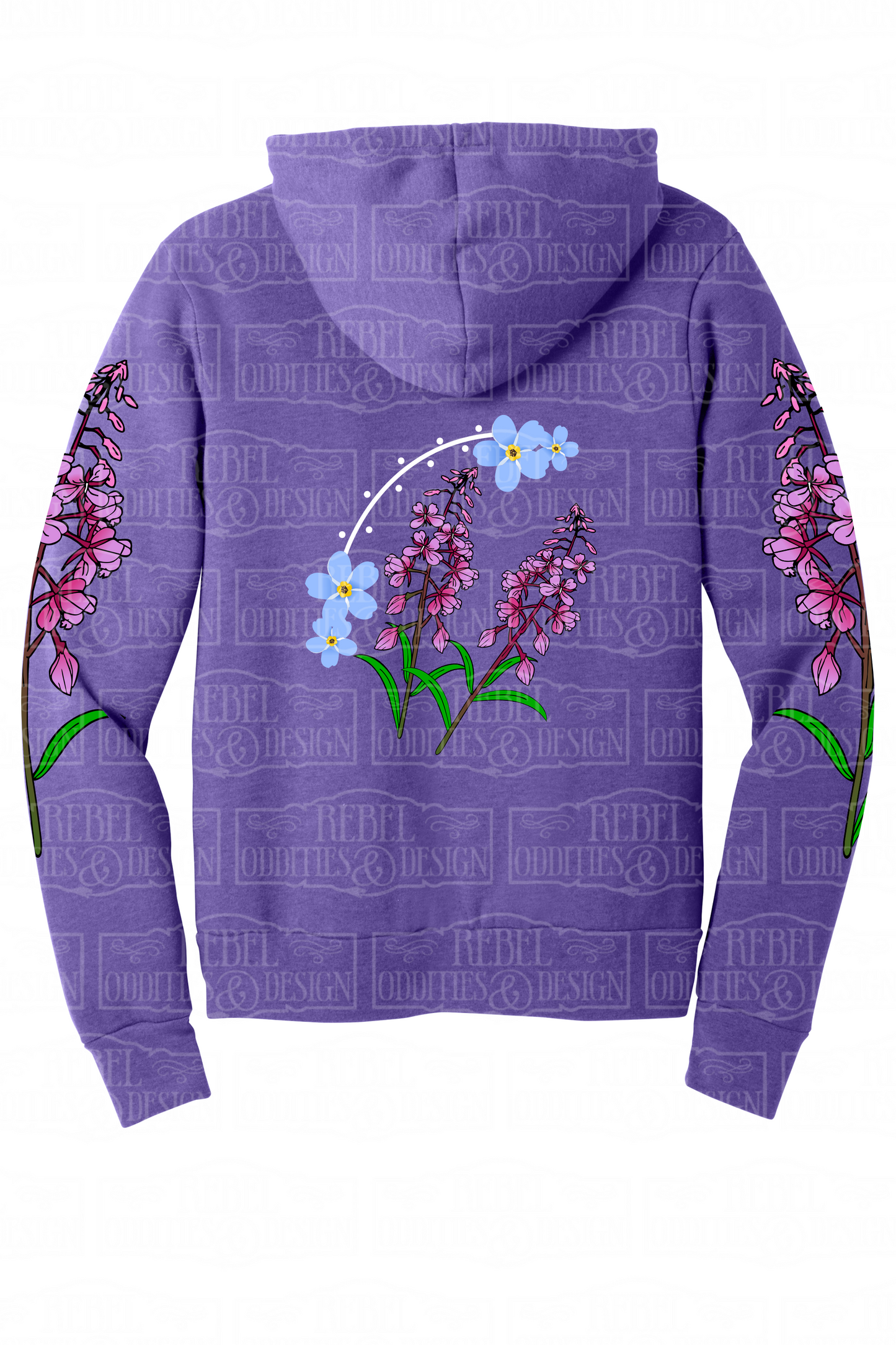 Purple hoodie with Fireweed designs on sleeves and a Forget-Me-Not and Fireweed design on the back against a white background.