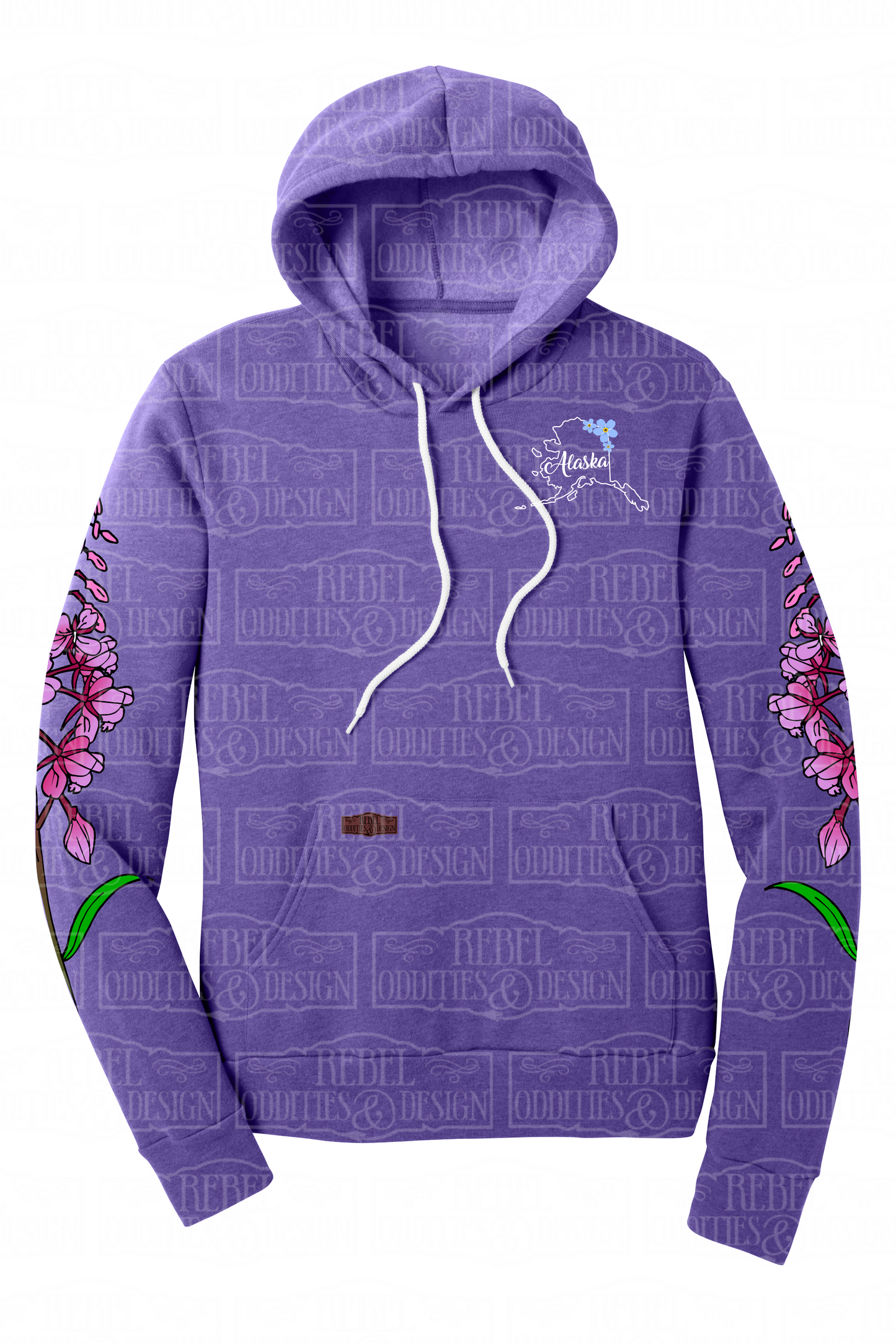 Purple hoodie with Fireweed designs on sleeves and Alaska logo on chest against a white background.