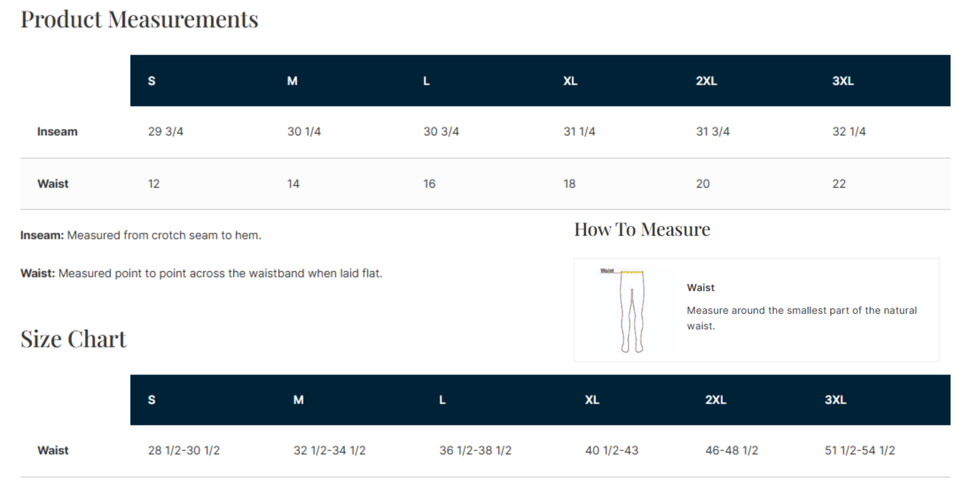 Size chart for clothing with measurements in inches and centimeters.