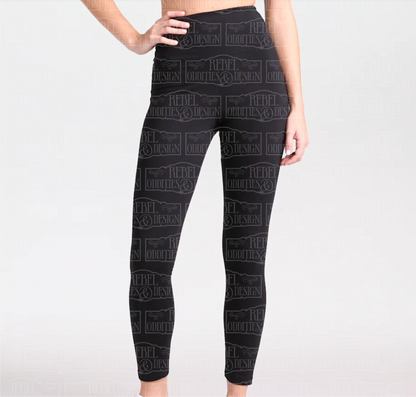 Front view of black leggings, the front has no designs decorating them.