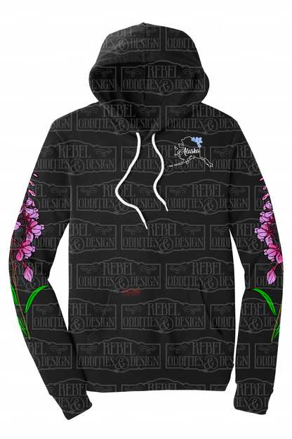 Black hoodie with Fireweed designs on sleeves and Alaska logo on chest against a white background.