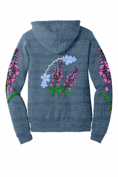Steel Blue hoodie with Fireweed designs on sleeves and a Forget-Me-Not and Fireweed design on the back against a white background.