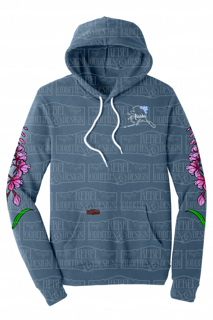 Steel Blue hoodie with Fireweed designs on sleeves and Alaska logo on chest against a white background.