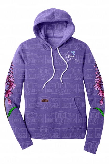Purple hoodie with Fireweed designs on sleeves and Alaska logo on chest against a white background.