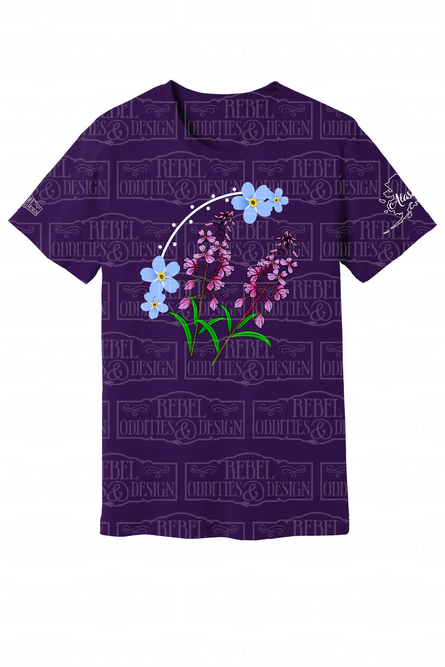 Purple  t-shirt with the shape of Alaska on the left sleeve, a small logo on the right sleeve, and a Forget-Me-Not and Fireweed design on the front against a white background.