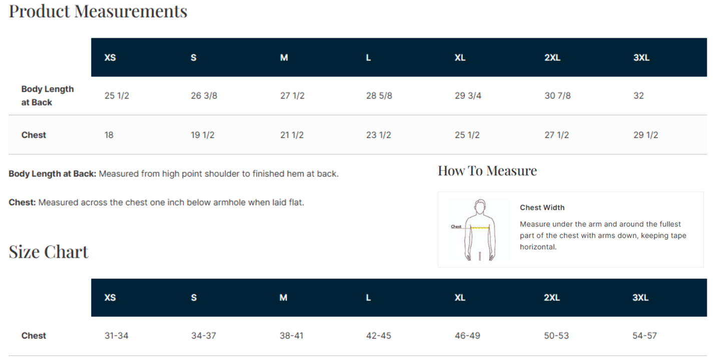 Product measurements chart for clothing sizes with body length, chest, and how-to-measure instructions.