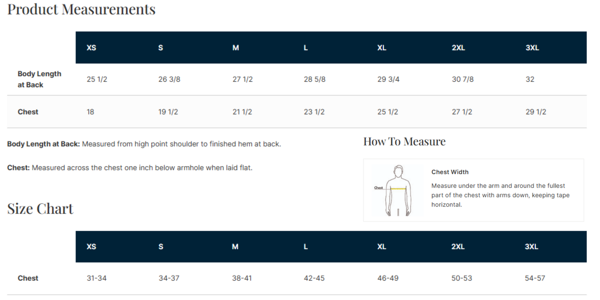 Product measurements chart for clothing sizes with body length, chest, and how-to-measure instructions.