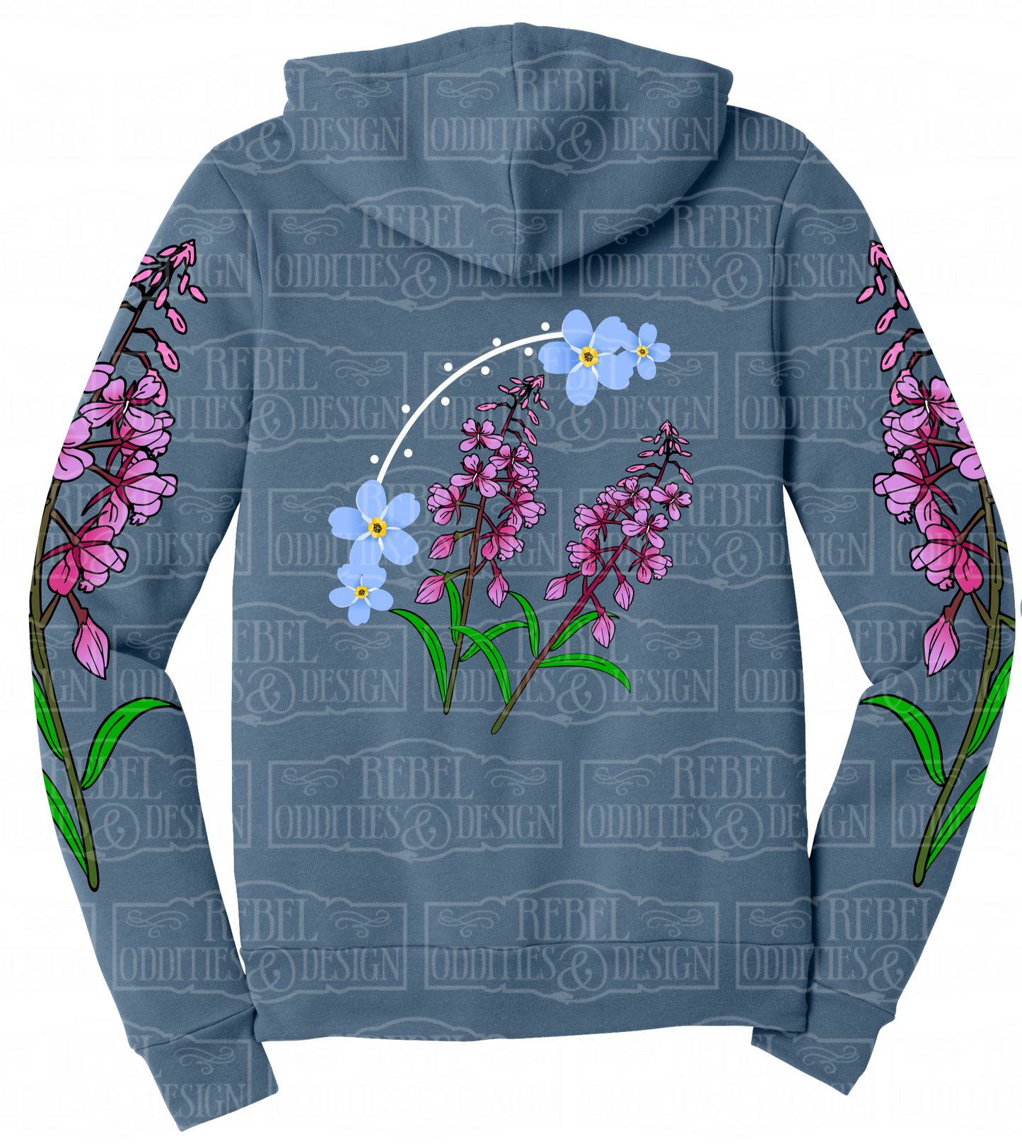 Blue Steel hoodie with Fireweed designs on sleeves and a Forget-Me-Not and Fireweed design on the back against a white background.