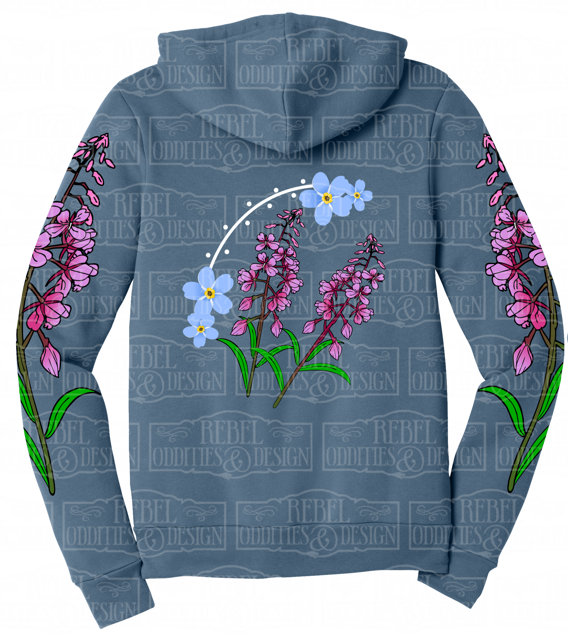 Blue Steel hoodie with Fireweed designs on sleeves and a Forget-Me-Not and Fireweed design on the back against a white background.