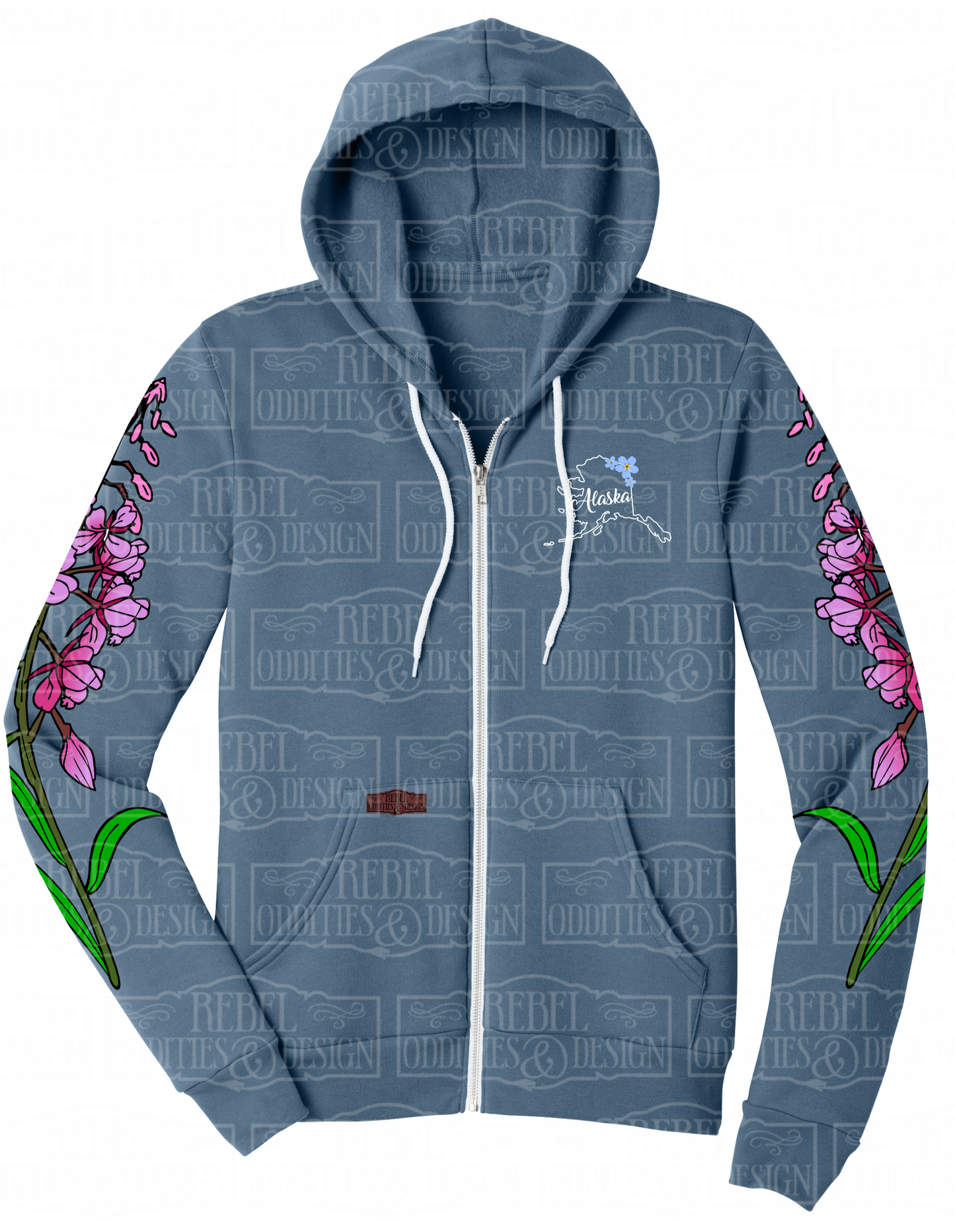 Blue Steel hoodie with Fireweed designs on sleeves and Alaska logo on chest against a white background.